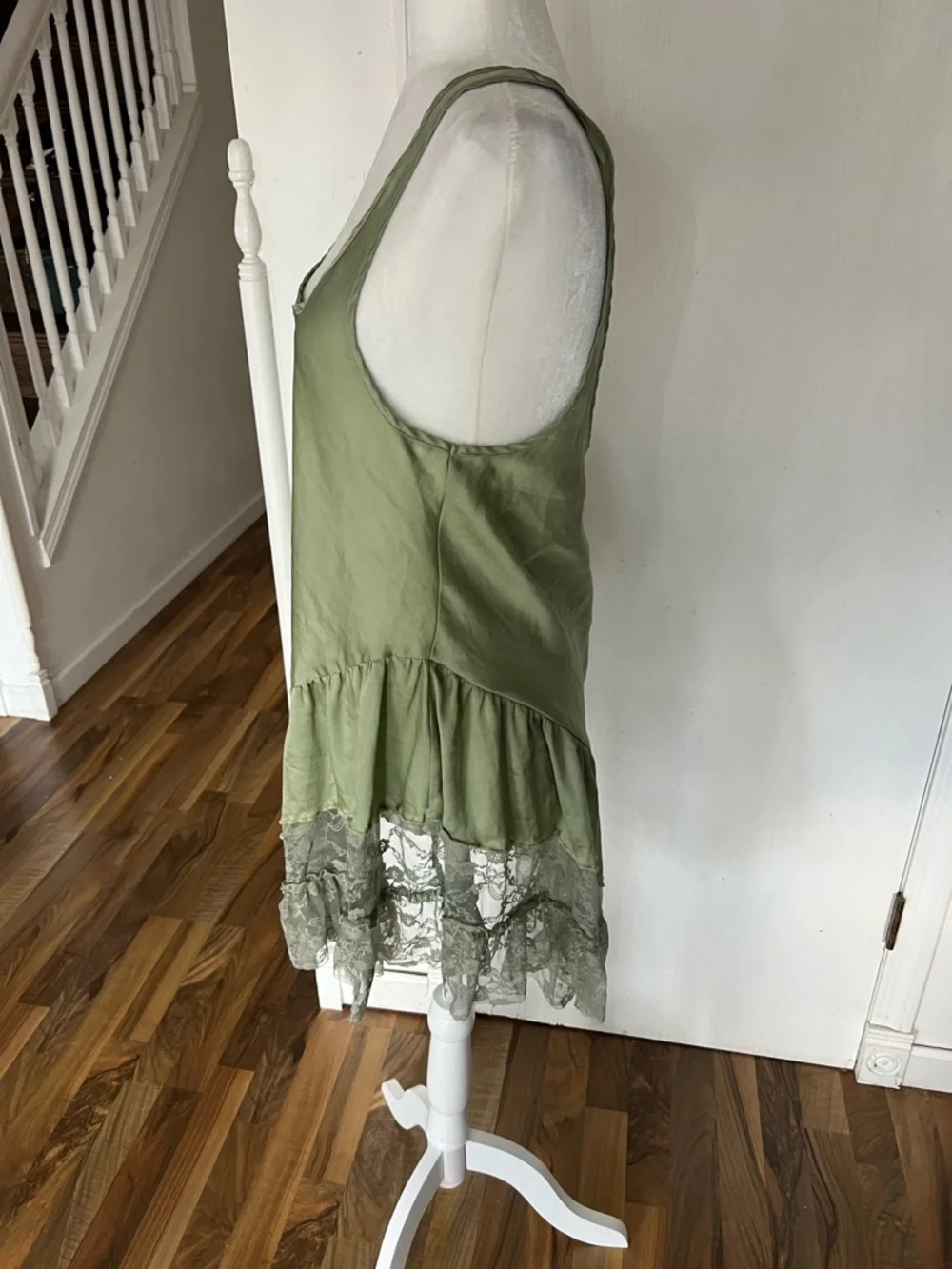 Sage Olive Green Lace-Hem V Drop Waist Mini Dress - Picture 8 of 13